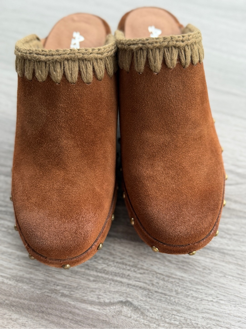 Antelope Hedy Taupe Suede Whipstitch Wooden Slip On Clog Size 36 US 5.5 - Picture 5 of 12